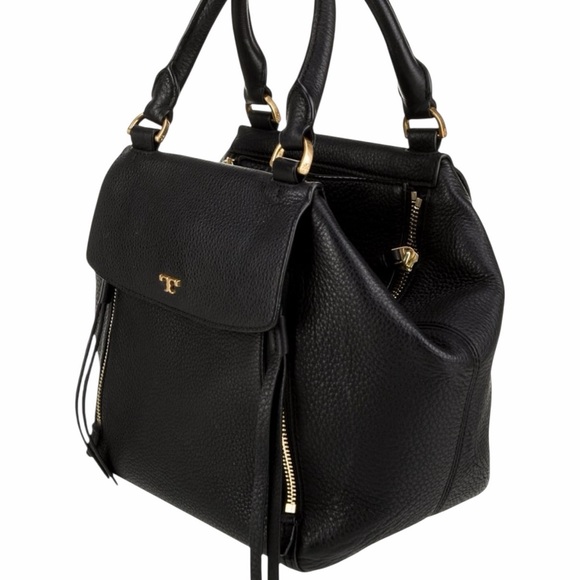 Tory Burch Black Half Moon Pebbled Leather Sachel Bag Gold Hardware Crossbody - Picture 4 of 14